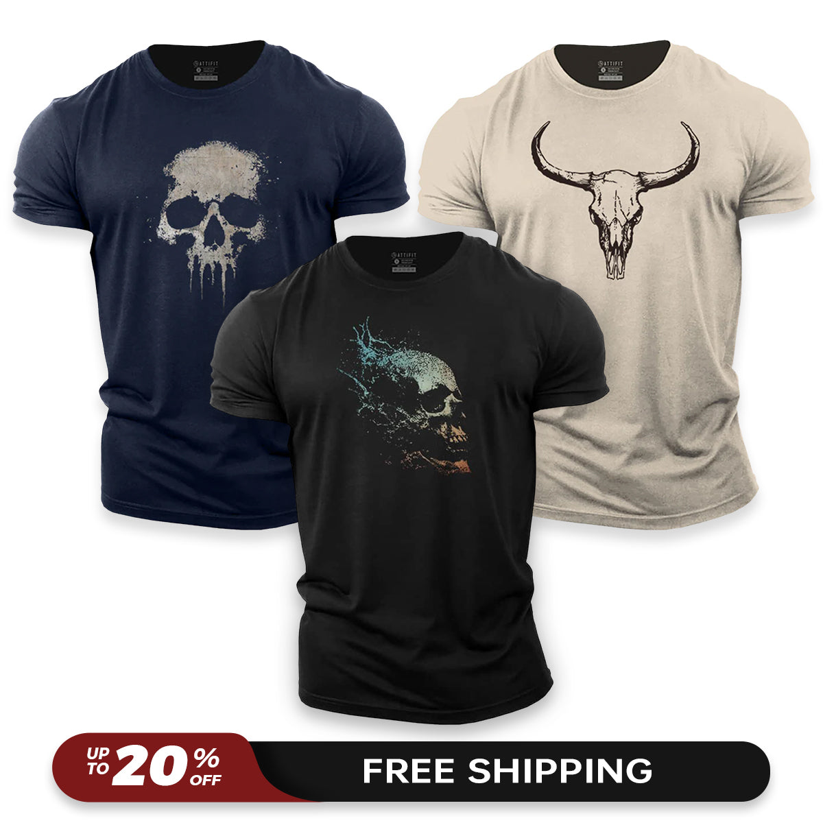 Grunge Skull 3-Pack - Cotton T-Shirts