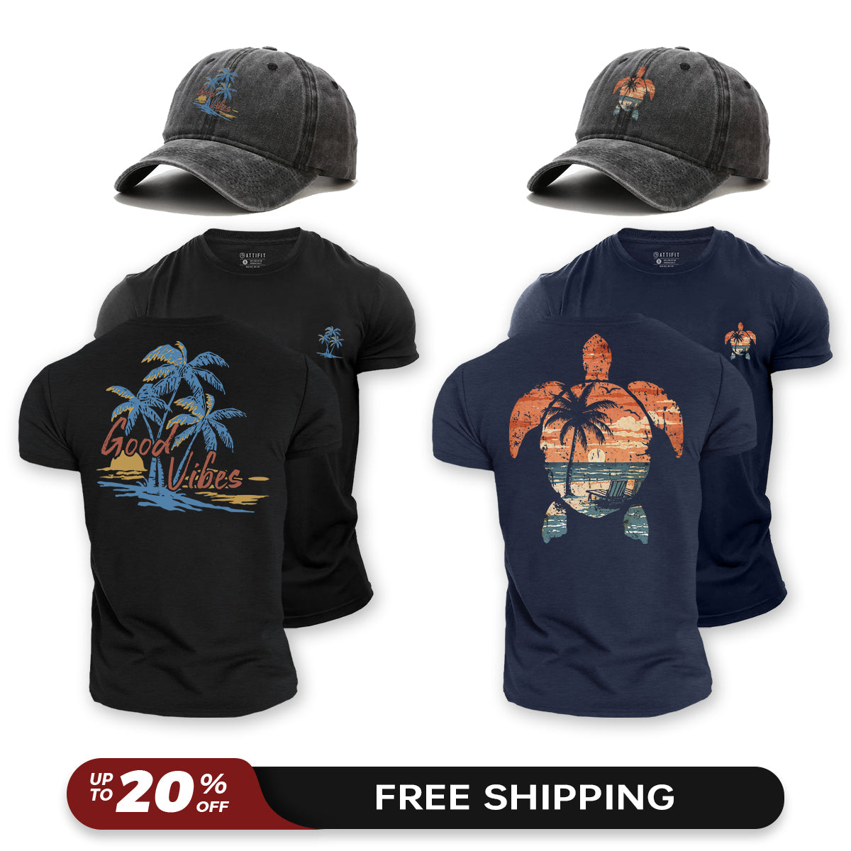 Beach Vibe Set (4-Piece) – 2 Cotton T-Shirts & 2 Vintage Caps