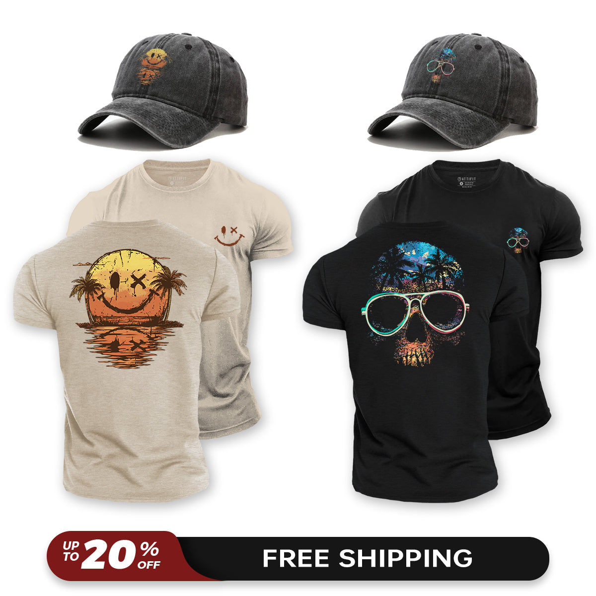 Sunset Vibe Set (4-Piece) – 2 Cotton T-Shirts & 2 Vintage Caps