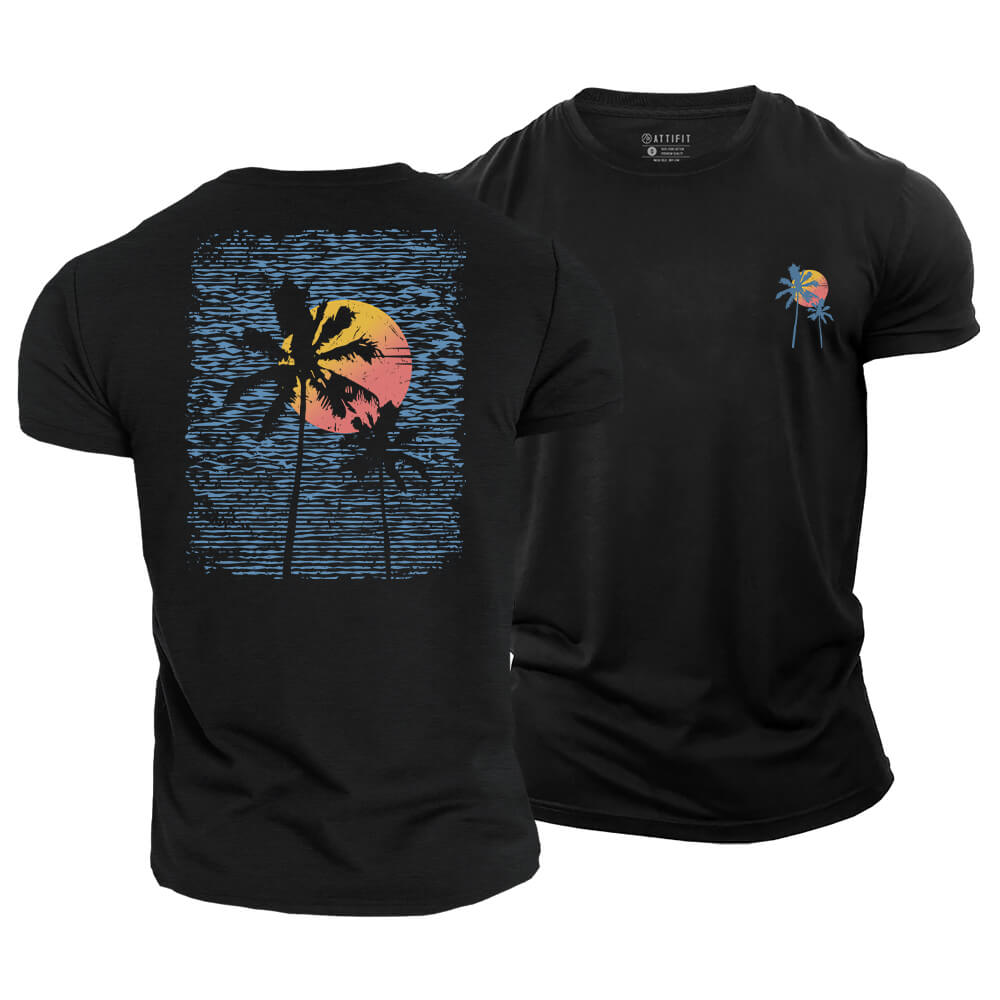 Palm Sunset Line Cotton T-Shirt