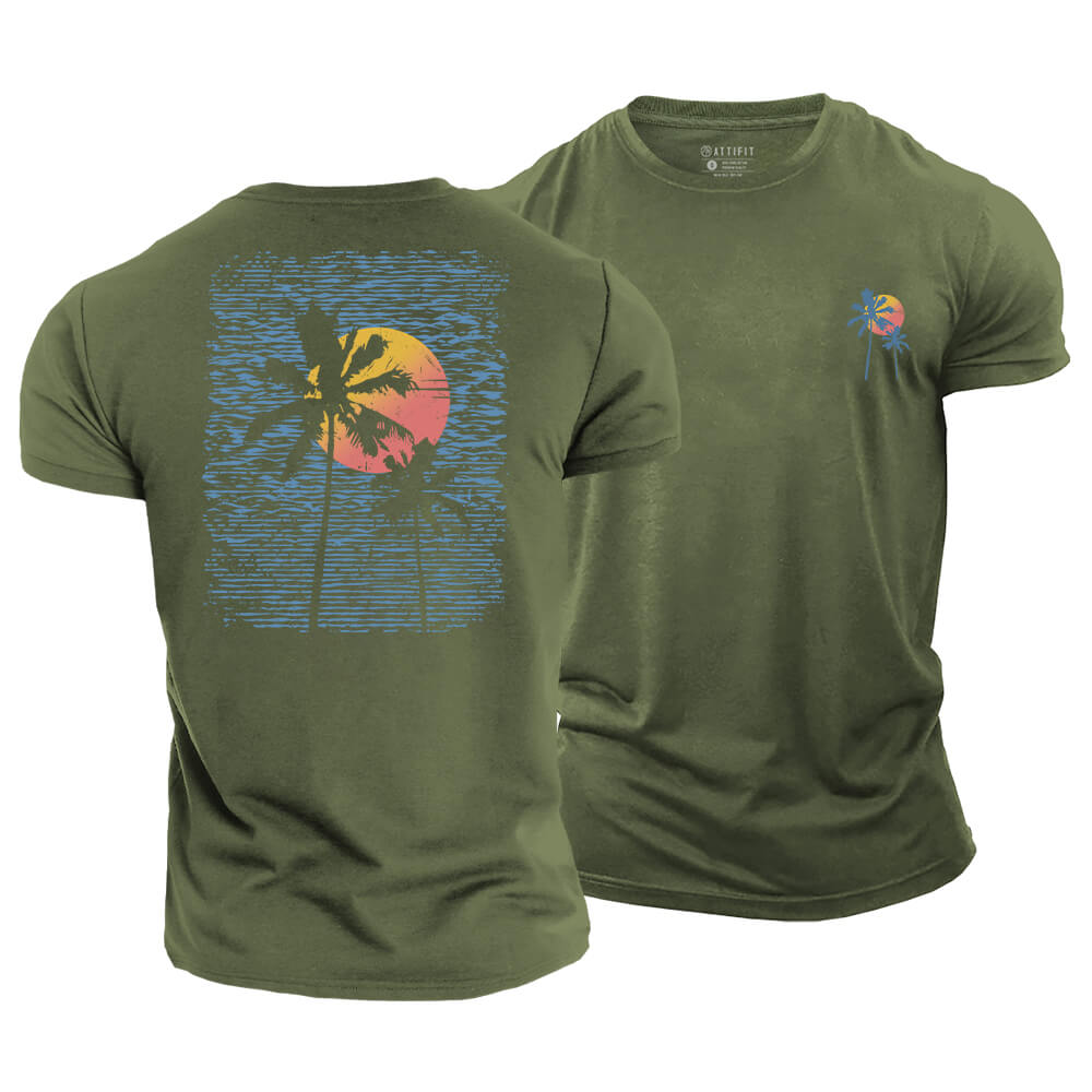Palm Sunset Line Cotton T-Shirt