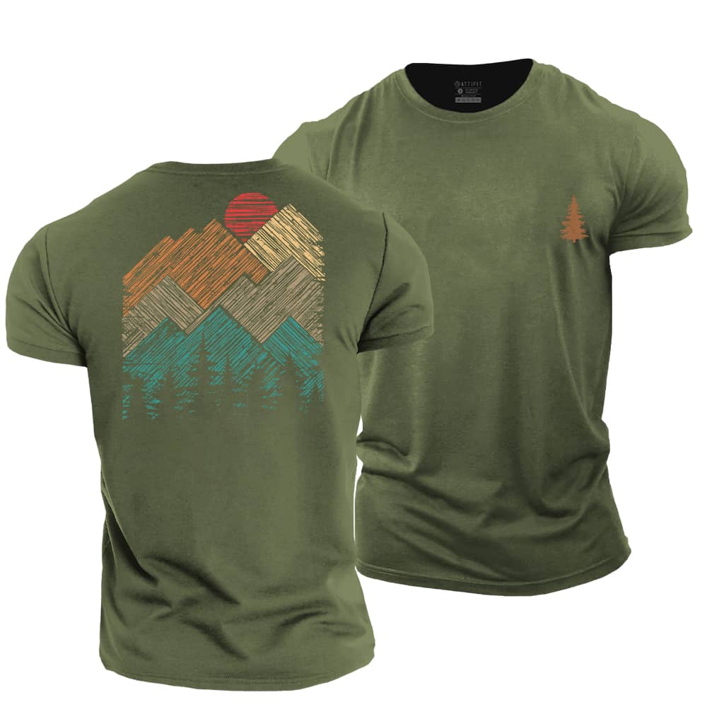 Hand Drawn Mountain Sun Cotton T-Shirt