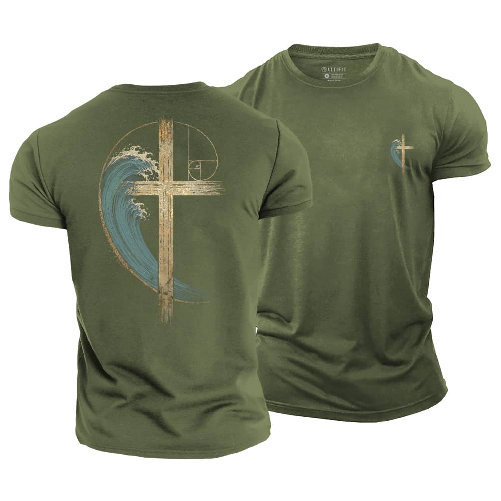 Wave Cross Christian Cotton T-Shirt