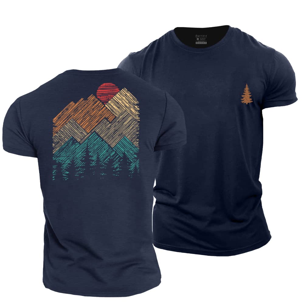Hand Drawn Mountain Sun Cotton T-Shirt