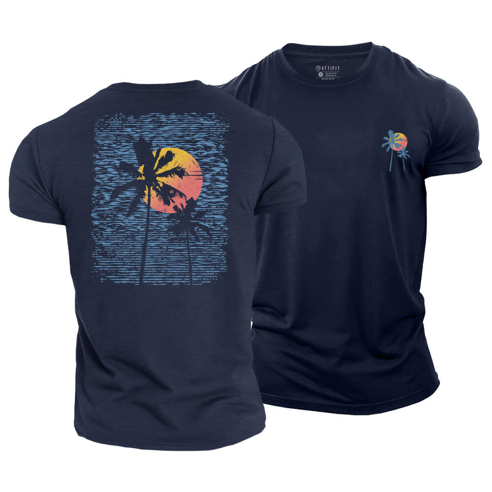 Palm Sunset Line Cotton T-Shirt