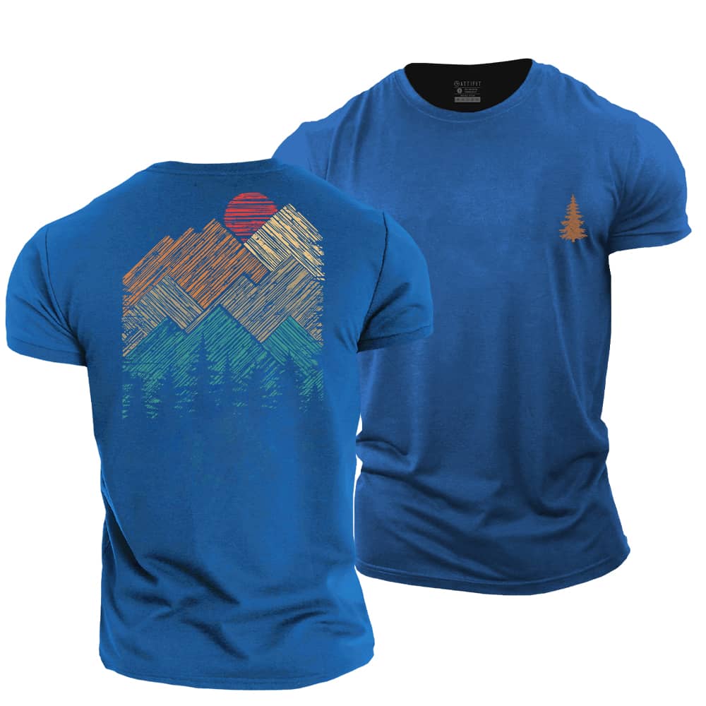 Hand Drawn Mountain Sun Cotton T-Shirt