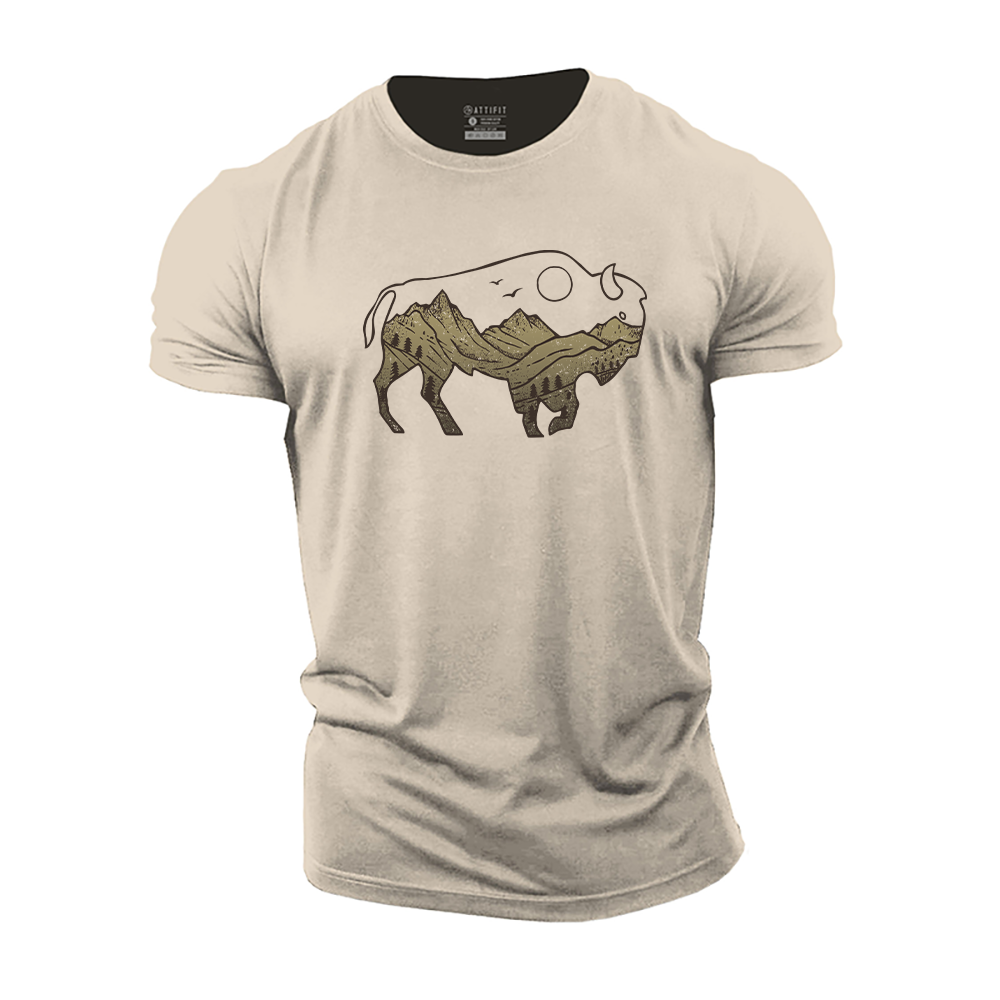 Bison and Mountains Cotton T-Shirt
