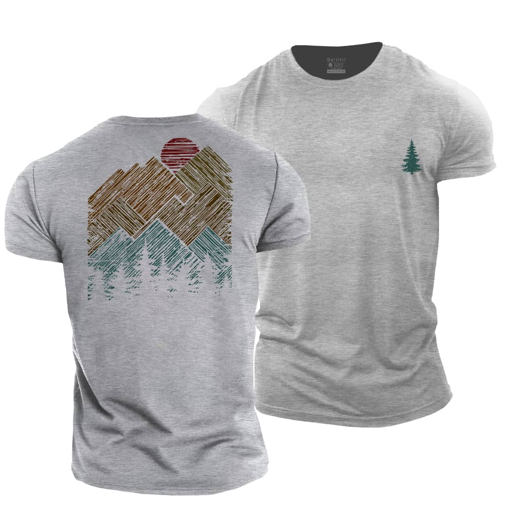Hand Drawn Mountain Sun Cotton T-Shirt