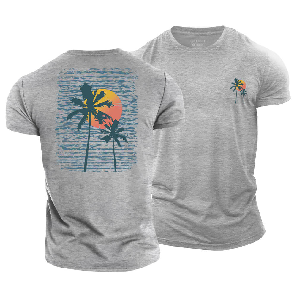Palm Sunset Line Cotton T-Shirt