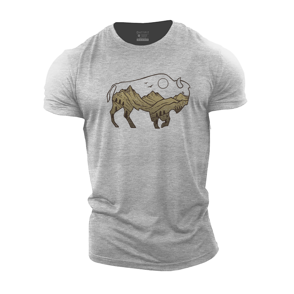 Bison and Mountains Cotton T-Shirt
