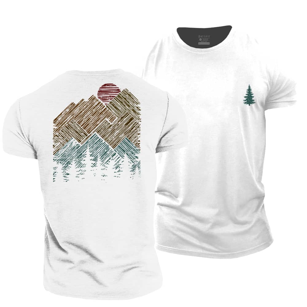 Hand Drawn Mountain Sun Cotton T-Shirt