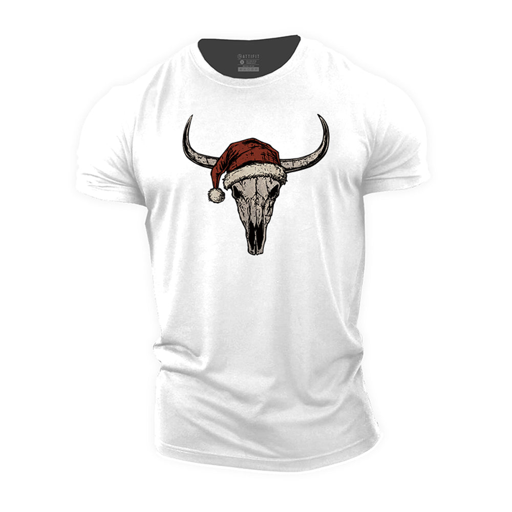 Christmas Bull Skull Cotton T-Shirt