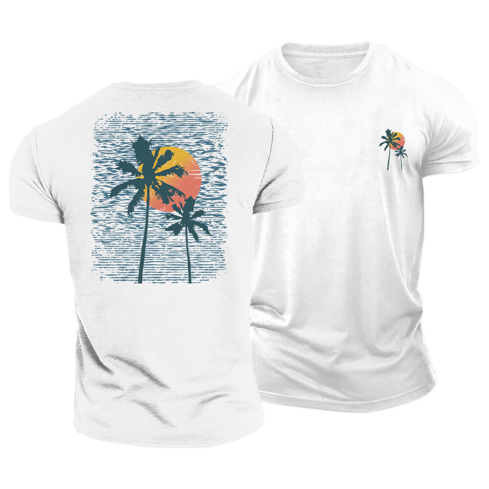 Palm Sunset Line Cotton T-Shirt