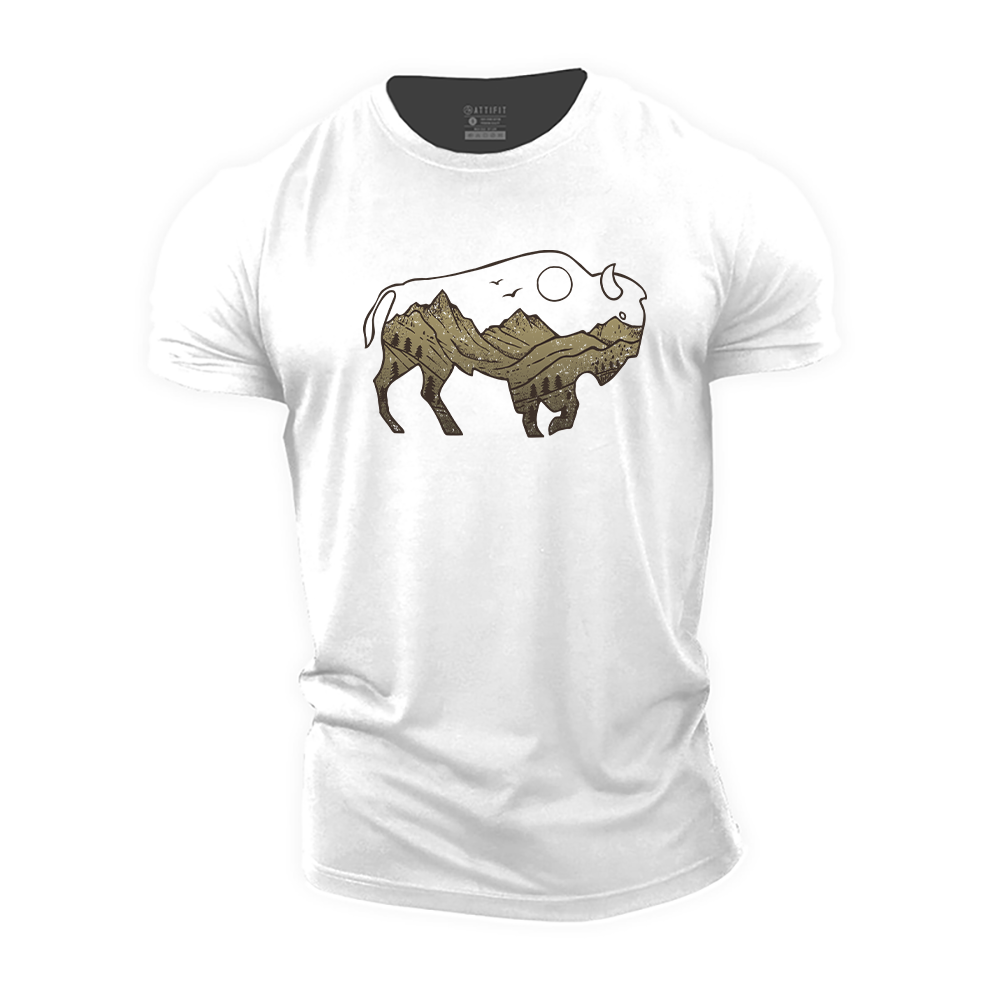 Bison and Mountains Cotton T-Shirt